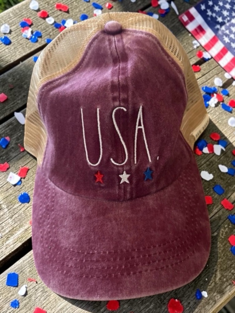 RAE DUNN USA "Trucker Hat" With Mesh Back + Adjustable Strap Patriotic NEW